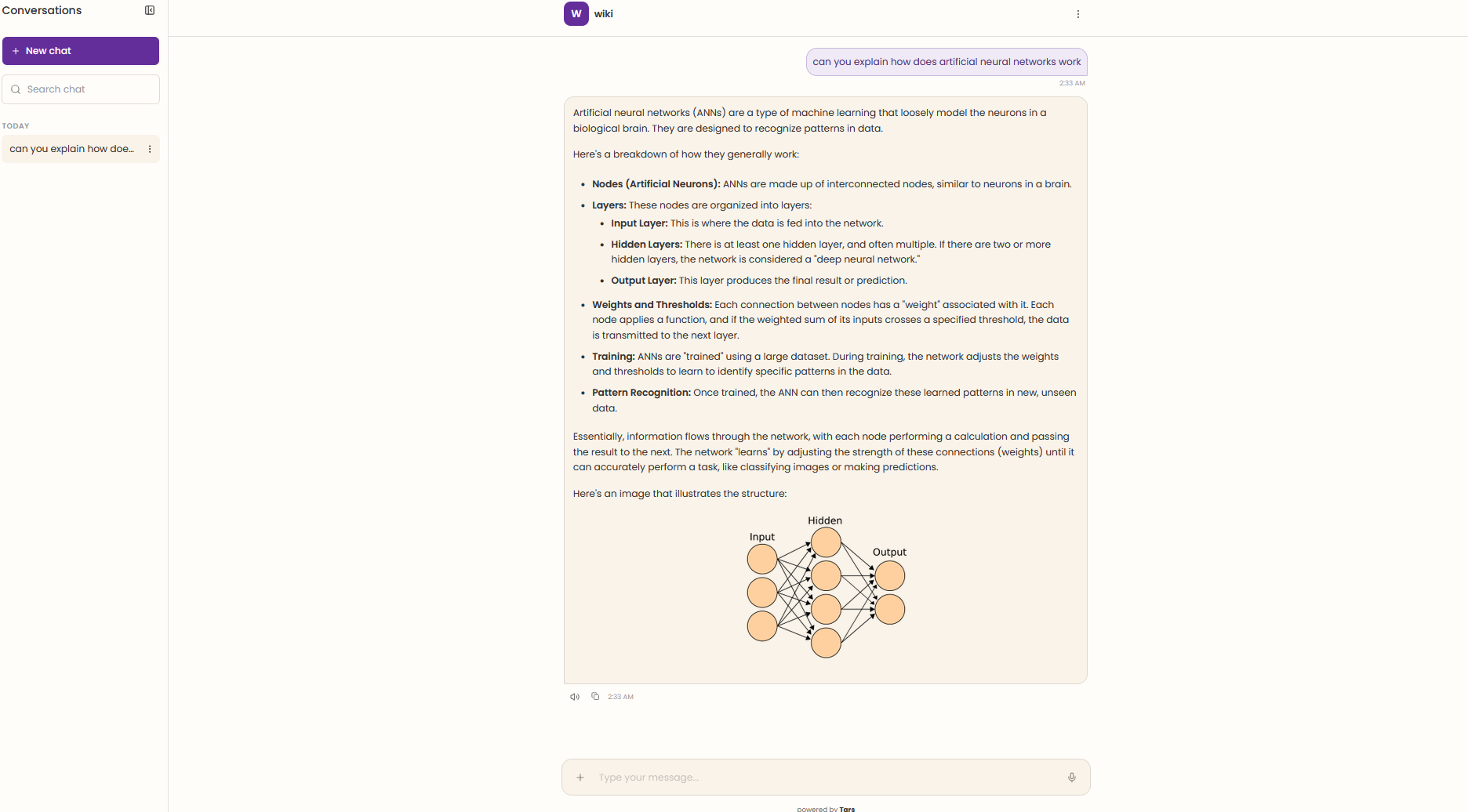 A Tars chatbot answering a question about artificial neural networks, with a diagram image surfaced inline alongside the text answer